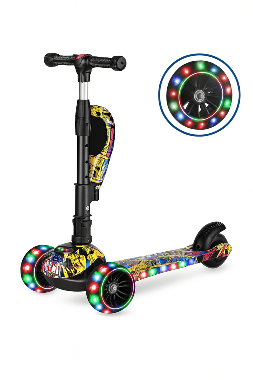 Trotineta Pliabila cu 3 Roti, LED-uri, Ghidon Reglabil 62–80 cm, Greutate Maxima 45 kg
