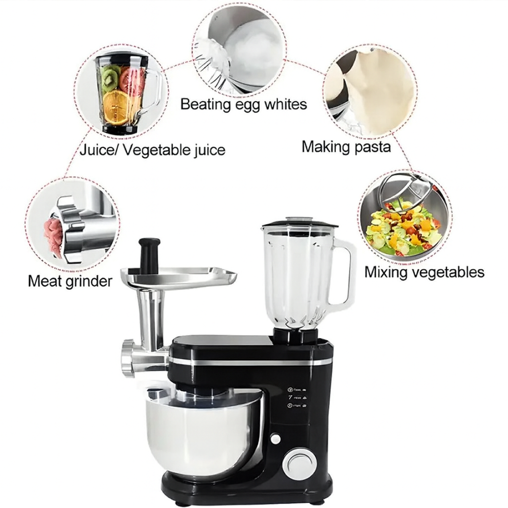 Robot de Bucatarie 3 In 1 Hoffmans, 1600W, Bol Inox 8L, Blender Sticla 2L, Masina de Tocat Carne