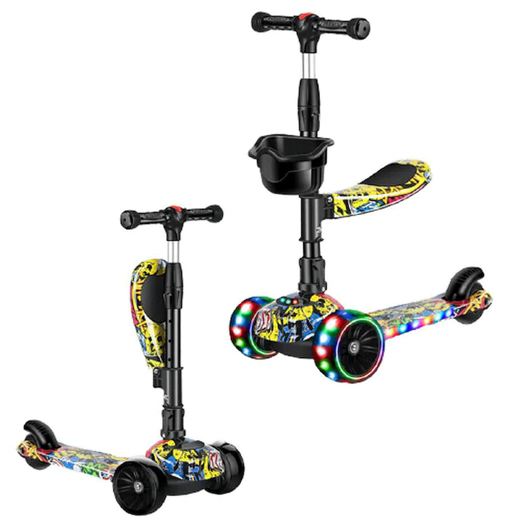 Trotineta Pliabila cu 3 Roti, LED-uri, Ghidon Reglabil 62–80 cm, Greutate Maxima 45 kg