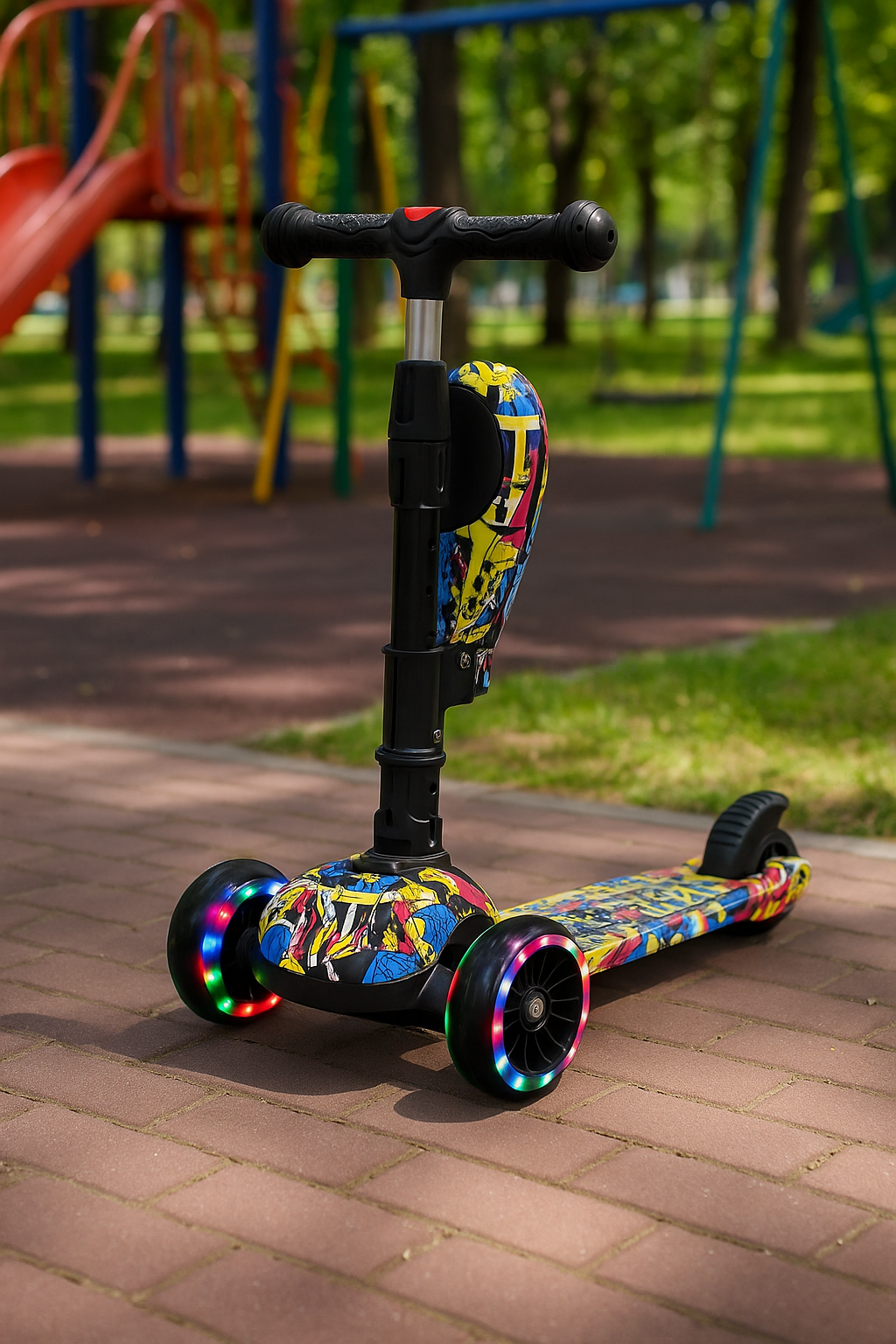 Trotineta Pliabila cu 3 Roti, LED-uri, Ghidon Reglabil 62–80 cm, Greutate Maxima 45 kg