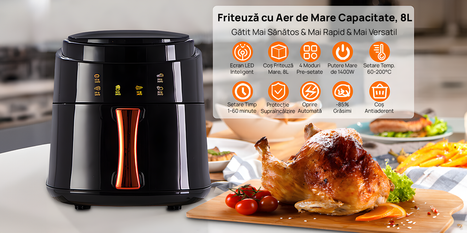 Friteuza cu Aer Cald XL Air Fryer, 1400W - Capacitate 8L, Control Touch Screen