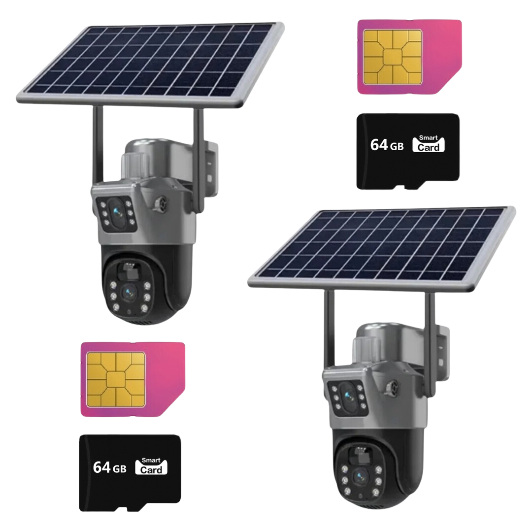 Set 2x Camere Duale cu Panou Solar, SIM 4G, Viziune Nocturna Color, IP66 + 2X Card 64GB