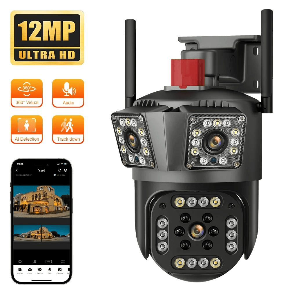 Camera Tripla Wireless 6K 12MP, Zoom Digital 8X, AI Motion Detection, Night Vision, IP66, Card 64GB Inclus