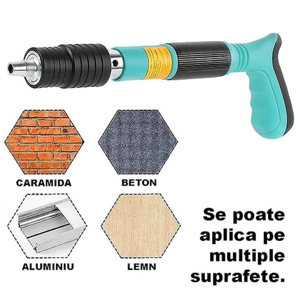 Pistol Manual Pneumatic Compact 30 cm + Set 100 Cuie 27mm — Calibru 7.3 cm, Pentru fixare Cuie, Ochelari de protectie Inclusi