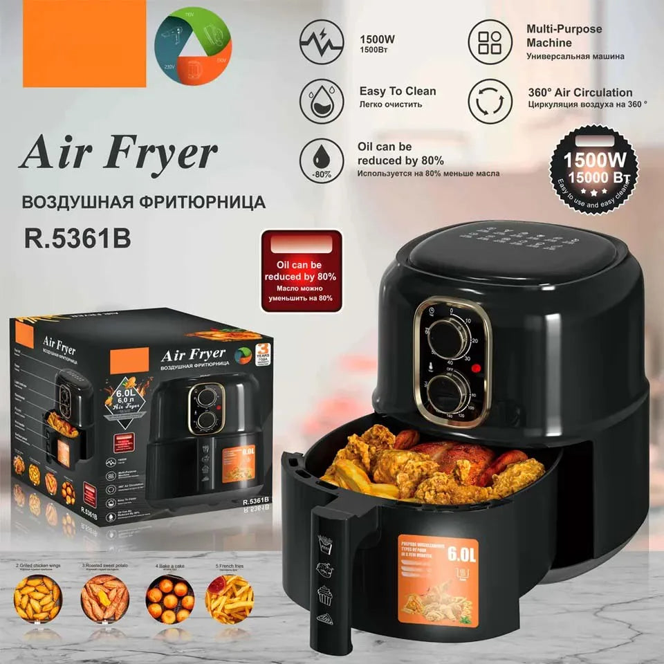 Friteuza - Air Fryer - 4.8L, 1600W, Control Manual, cu functie Auto-Oprire, Negru/Alb