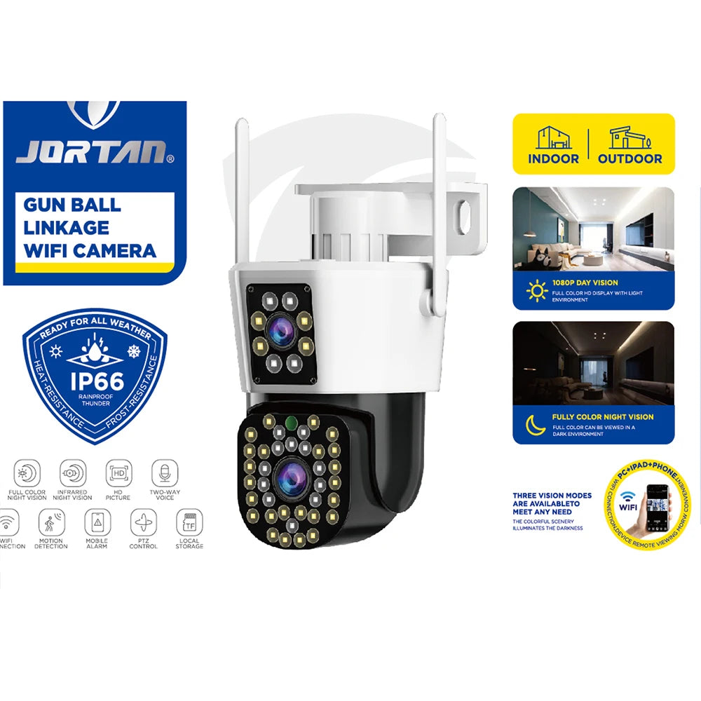 Camera Duala WiFi Jortan - 6MP, Full HD 4K, LAN/WiFi cu Alarma, Detectare Umana, Recunoastere Faciala