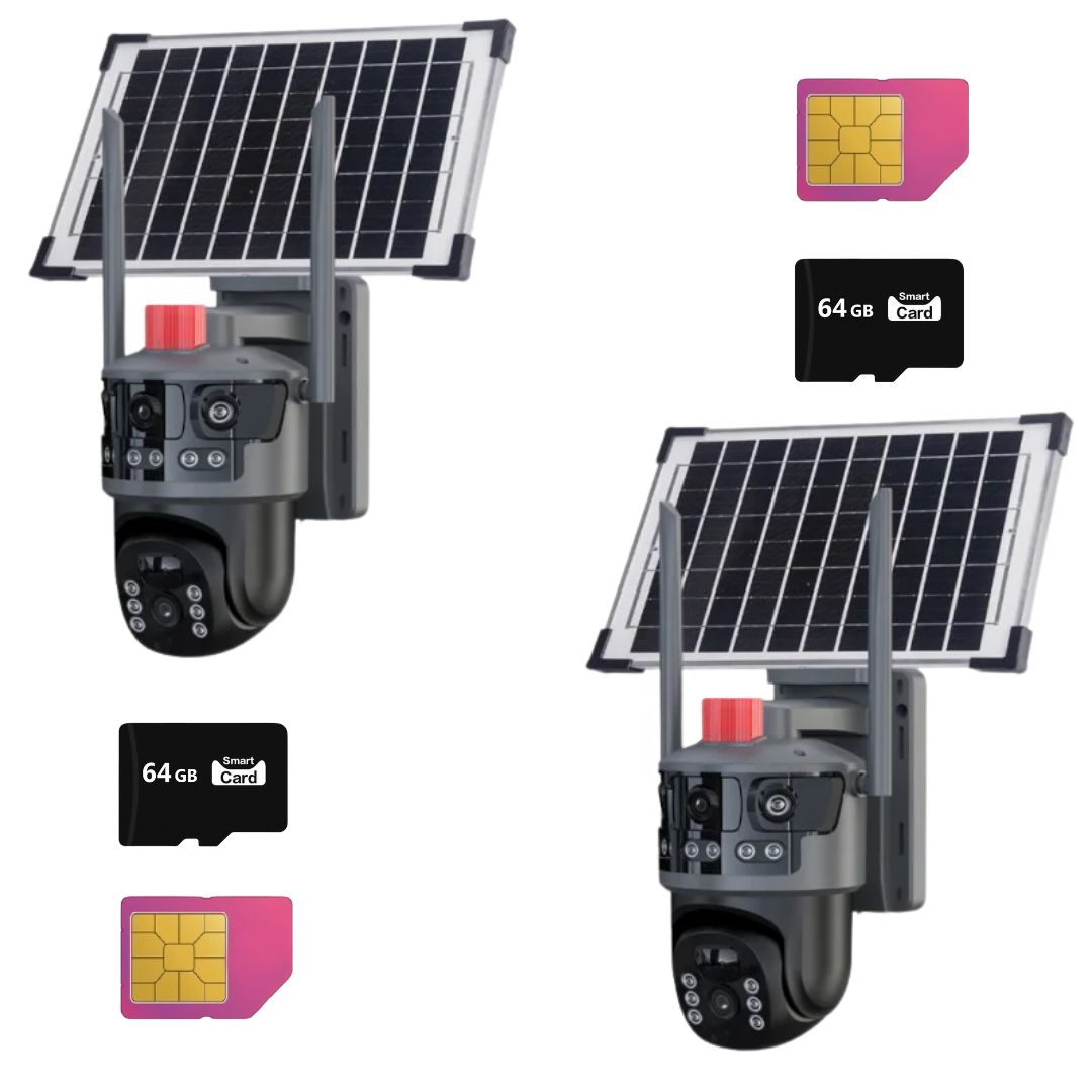 Set 2 Camere de Supraveghere Solare 4G cu 3 Lentile, 9MP, Viziune Nocturna Starlight si Detectare Umana AI, IP66, 2 carduri 64GB incluse