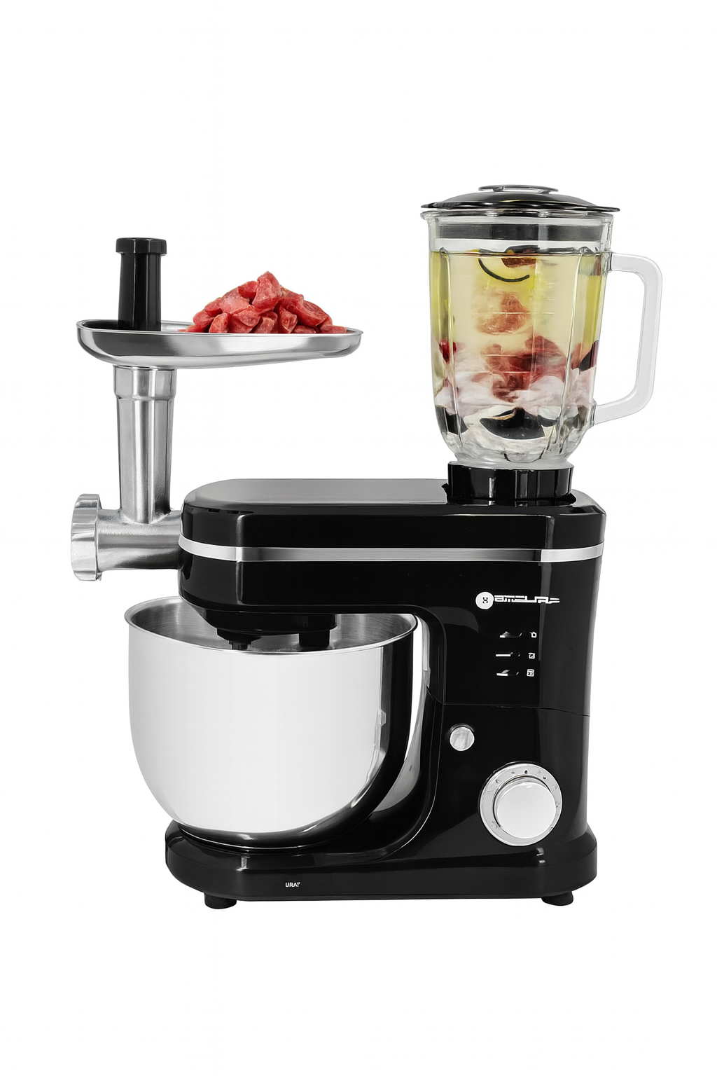 Robot de Bucatarie 3 In 1 Hoffmans, 1600W, Bol Inox 8L, Blender Sticla 2L, Masina de Tocat Carne