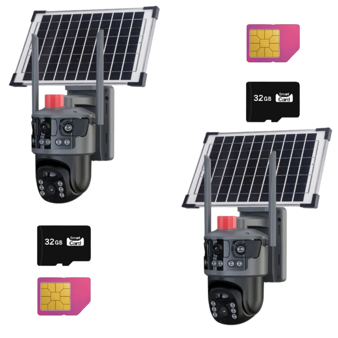 Set 2x Camere de Supraveghere Solare 4G cu 3 Lentile, 9MP, Viziune Nocturna Starlight si Detectare Umana AI, IP66, 2 carduri 32GB incluse