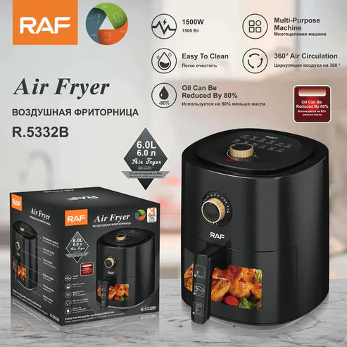 Friteuza cu Aer cald - Air Fryer 6l, Gatire Rapida si Uniforma, 1800W, Negru