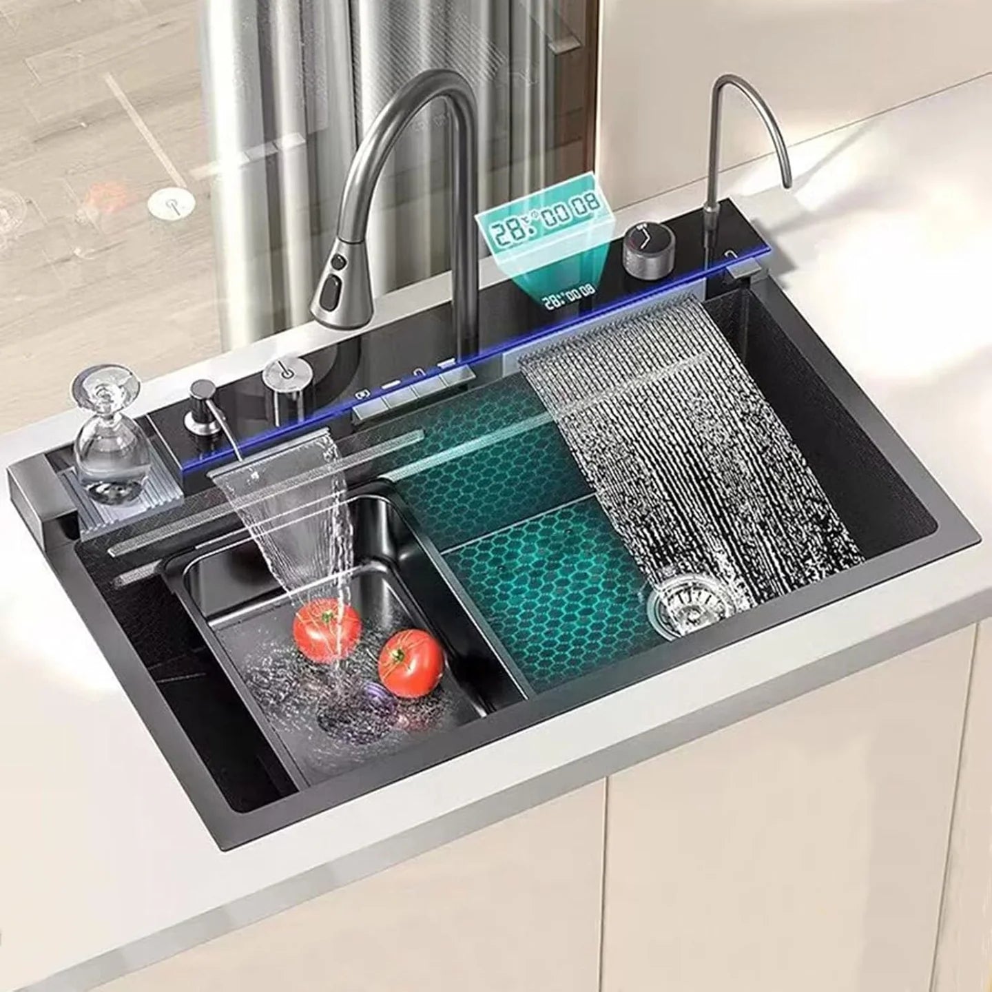 Chiuveta de Bucatarie din Inox, Gri Antracit - Original EliteWave LED, Control Tactil, Lumina LED, Dus Reglabil, cu Spalator de Pahare, 75×45x22CM