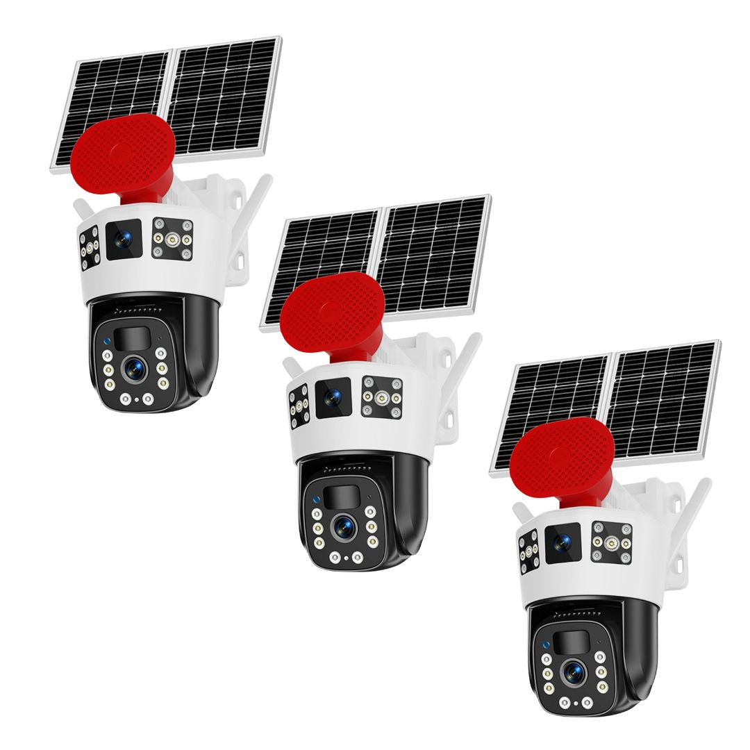 Set 3x Camere Solare 4G - 3 Lentile 12MP, cu Panou Dublu, Baterie 12000mAh, Conexiune 4G, Rotire 350°/90°, Viziune Nocturna, Senzor Miscare