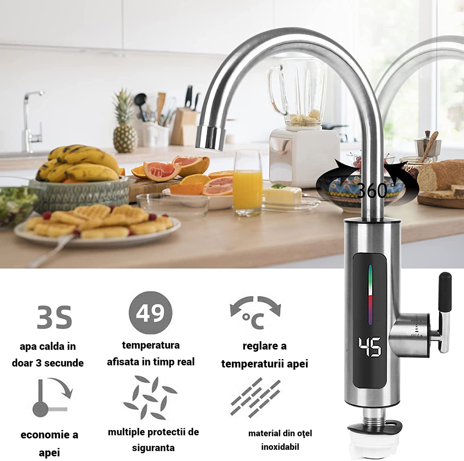 Robinet Instant Apa Calda, 3000W, FutureKitchen, IPX4, 360° rotire