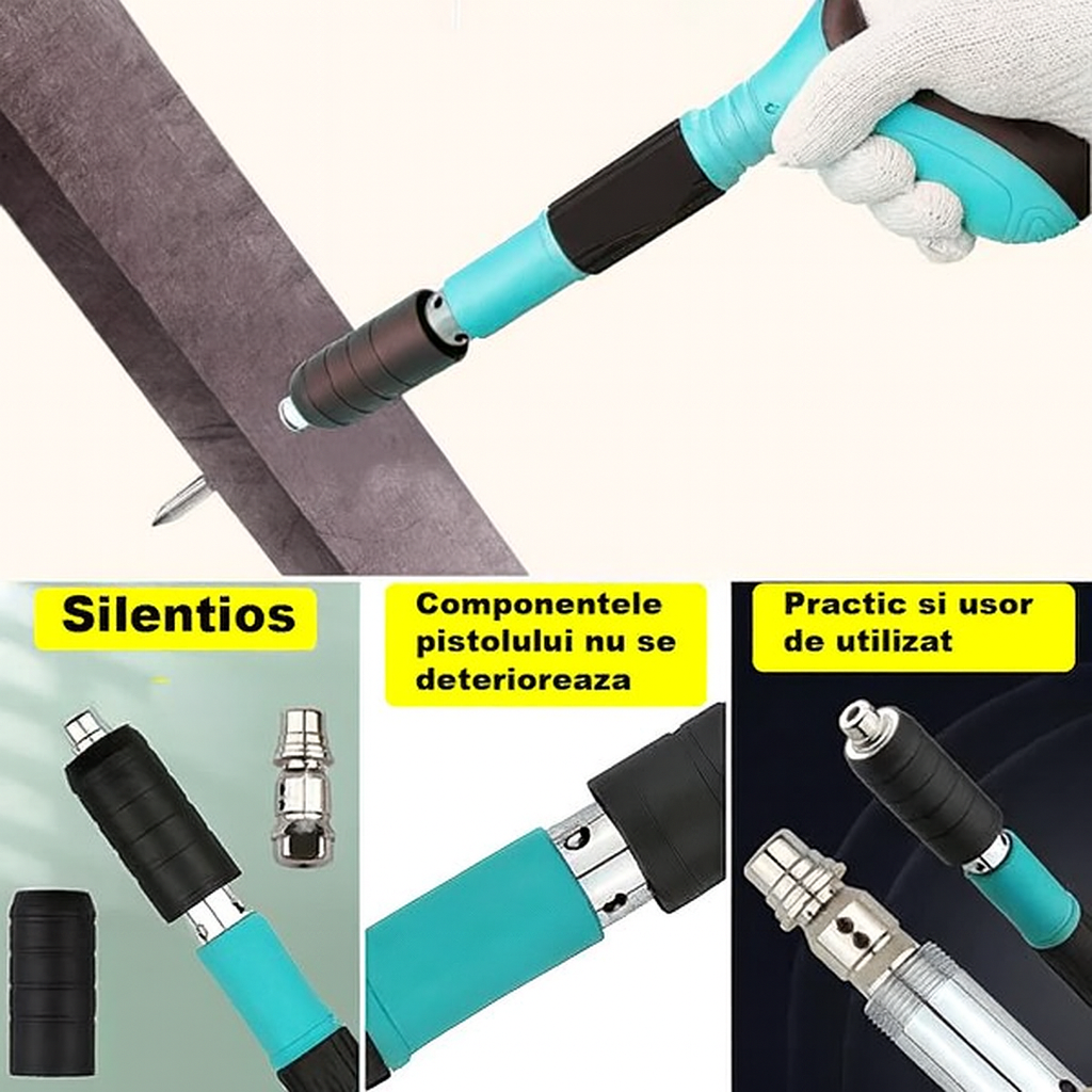 Pistol Manual Pneumatic Compact 30 cm + Set 100 Cuie 27mm — Calibru 7.3 cm, Pentru fixare Cuie, Ochelari de protectie Inclusi