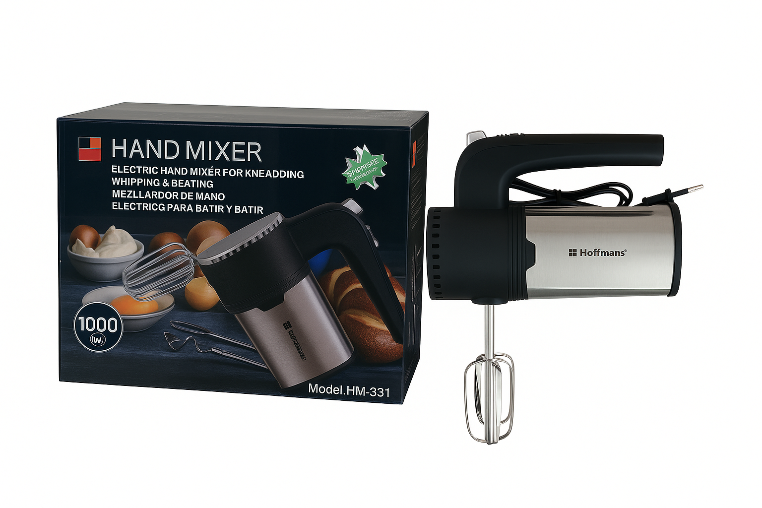 Mixer de Bucatarie Hoffmans 1000W, Carcasa Inox, 5 Viteze, Accesorii pentru Mixare si Framantare