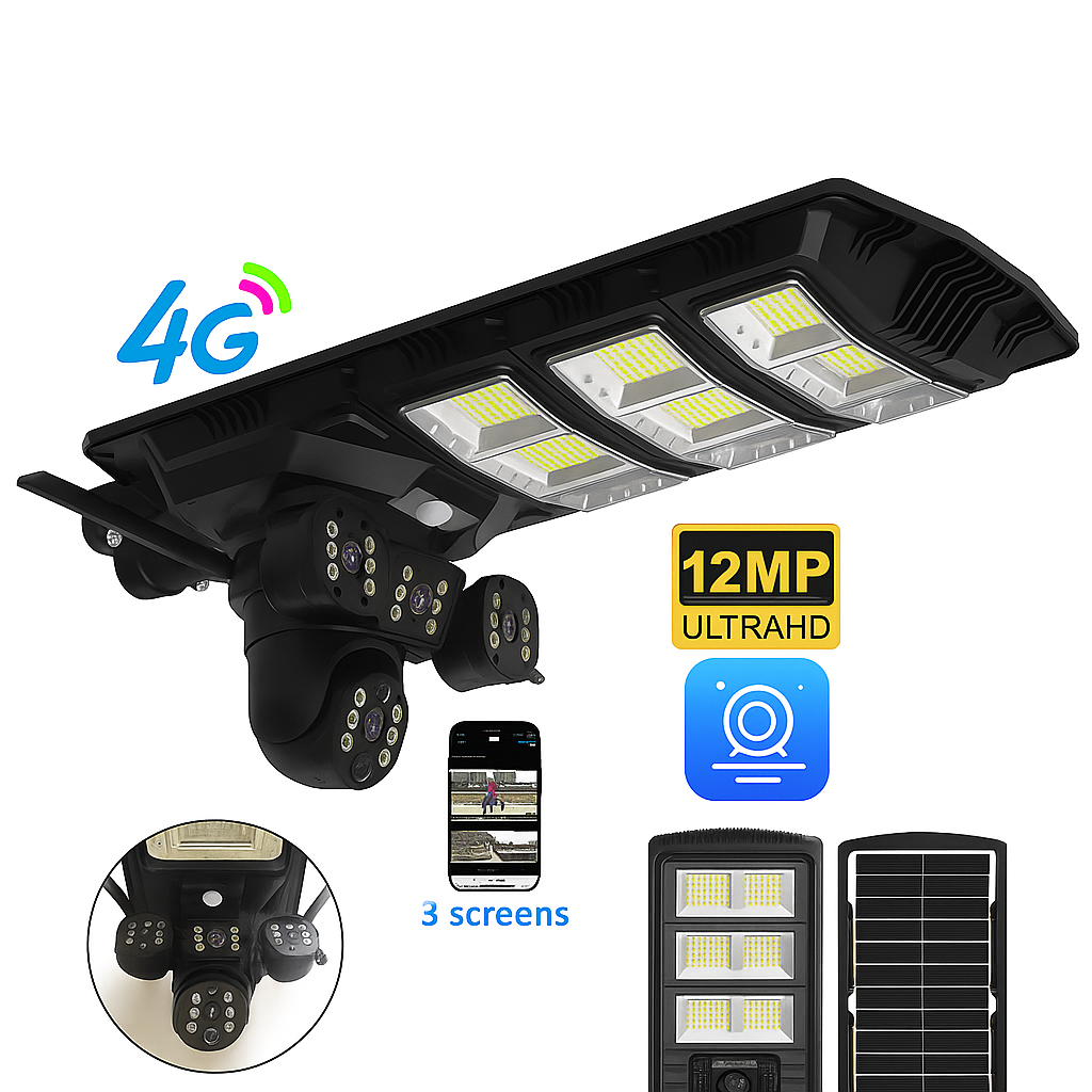 Set 2x Lampi Solare 450W - cu Camera Tripla 12MP, Slot SIM 4G + 2x Carduri microSD 32GB, V380Pro