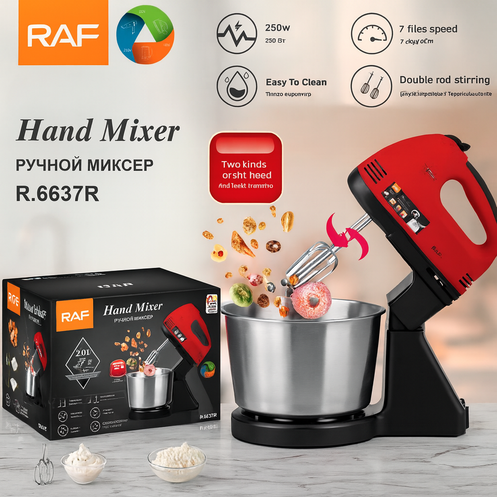 Mixer de Mana si Masa, 250W, 7 Trepte Viteza, Bol Inox 2L, Accesorii Incluse