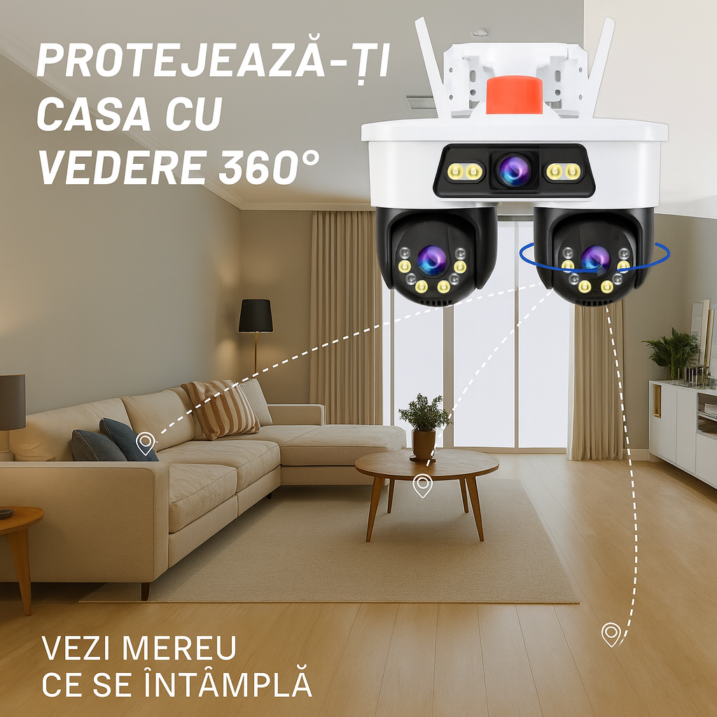 Set 2x Camere Triple WiFi/LAN Jortan, 9MP, Dual Head PTZ 355°, Viziune Nocturna Color, Detectare Umana AI, IP66, 2x Card 32GB Incluse