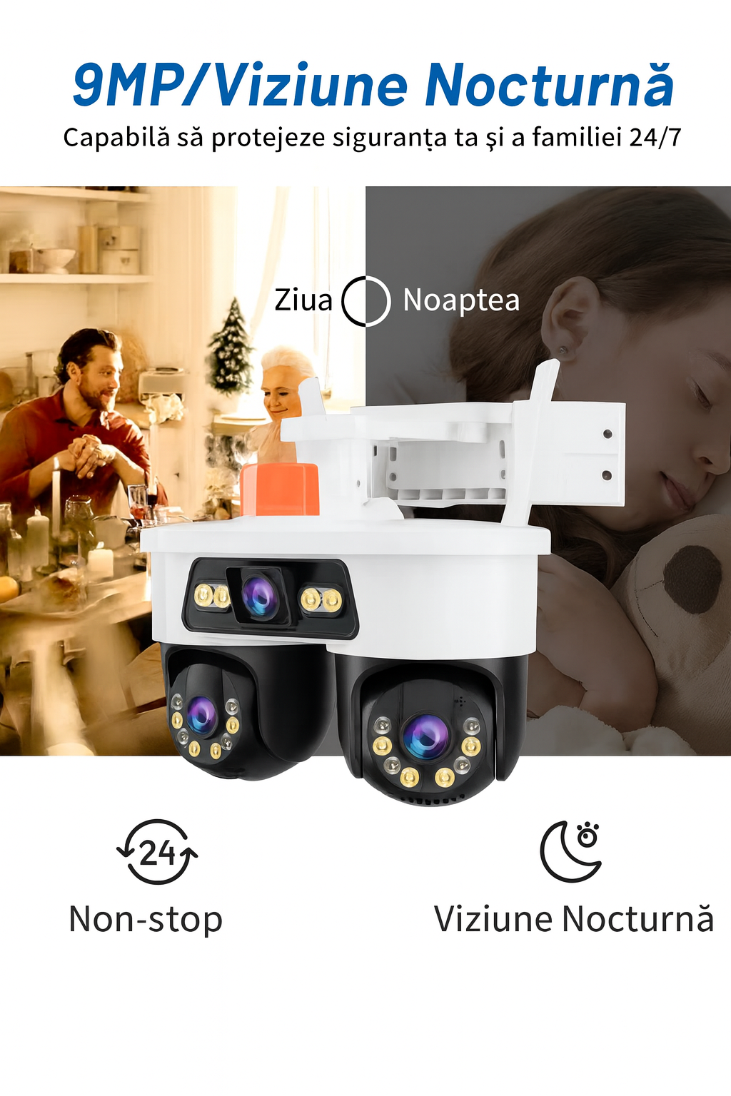 Set 2x Camere Triple WiFi/LAN Jortan, 9MP, Dual Head PTZ 355°, Viziune Nocturna Color, Detectare Umana AI, IP66, 2x Card 32GB Incluse