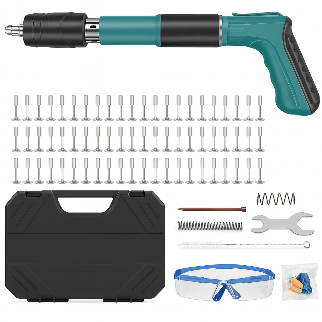 Pistol Manual Pneumatic Compact 30 cm + Set 100 Cuie 27mm — Calibru 7.3 cm, Pentru fixare Cuie, Ochelari de protectie Inclusi