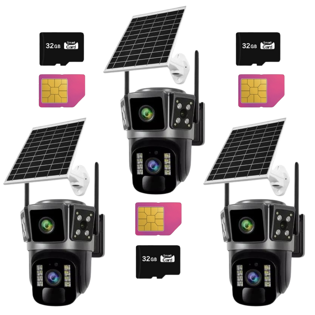 SET 3x Camere Solare 4G Duale, Ultra HD, Night Vision, Audio Bidirectional, O-KAM Pro + 3x Card 32GB