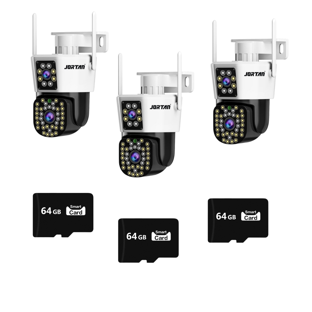 Set Supraveghere Jortan 6MP 4K - 3 Camere Duble WiFi/LAN - Alarma Integrata, 3x Carduri de 64GB incluse