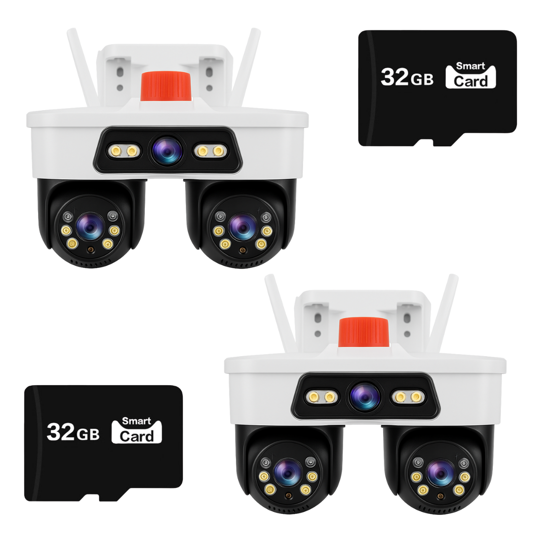 Set 2x Camere Triple WiFi/LAN Jortan, 9MP, Dual Head PTZ 355°, Viziune Nocturna Color, Detectare Umana AI, IP66, 2x Card 32GB Incluse