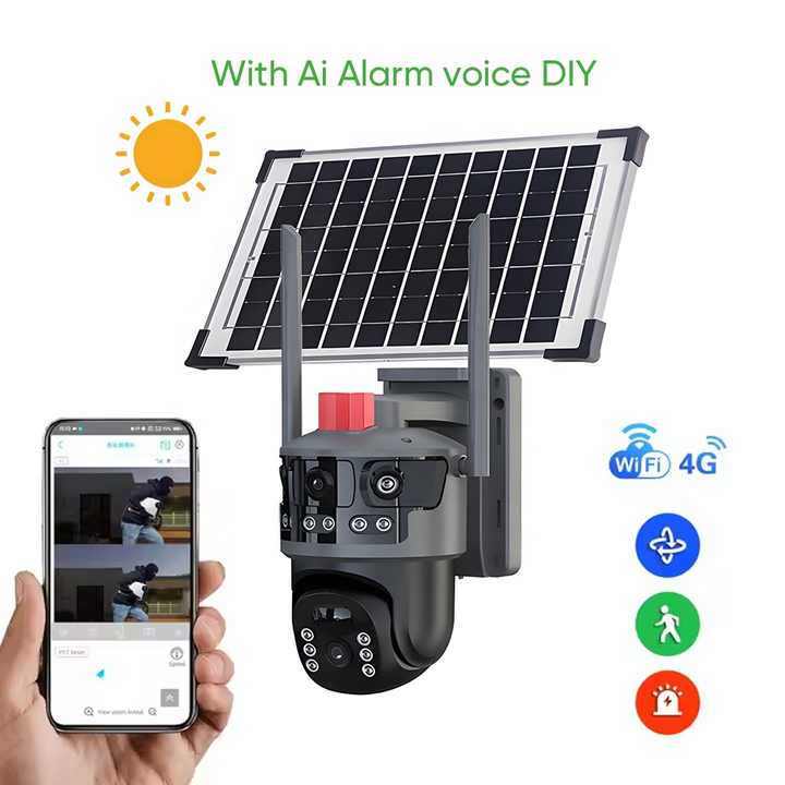Set 2 Camere de Supraveghere Solare 4G cu 3 Lentile, 9MP, Viziune Nocturna Starlight si Detectare Umana AI, IP66