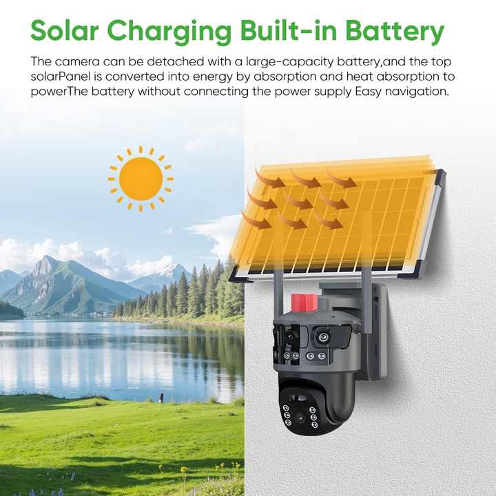 Set 2 Camere de Supraveghere Solare 4G cu 3 Lentile, 9MP, Viziune Nocturna Starlight si Detectare Umana AI, IP66
