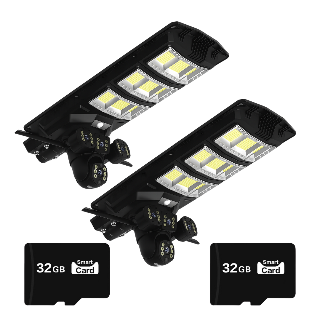 Set 2x Lampi Solare 450W - cu Camera Tripla 12MP, Slot SIM 4G + 2x Carduri microSD 32GB, V380Pro