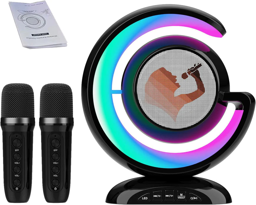 Dispozitiv Karaoke All-in-One, cu Boxa Bluetooth, 1 Microfon, Iluminare RGB Led, Slot Card, Conectare la Smartphone