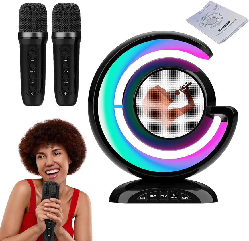 Dispozitiv Karaoke All-in-One, cu Boxa Bluetooth, 1 Microfon, Iluminare RGB Led, Slot Card, Conectare la Smartphone