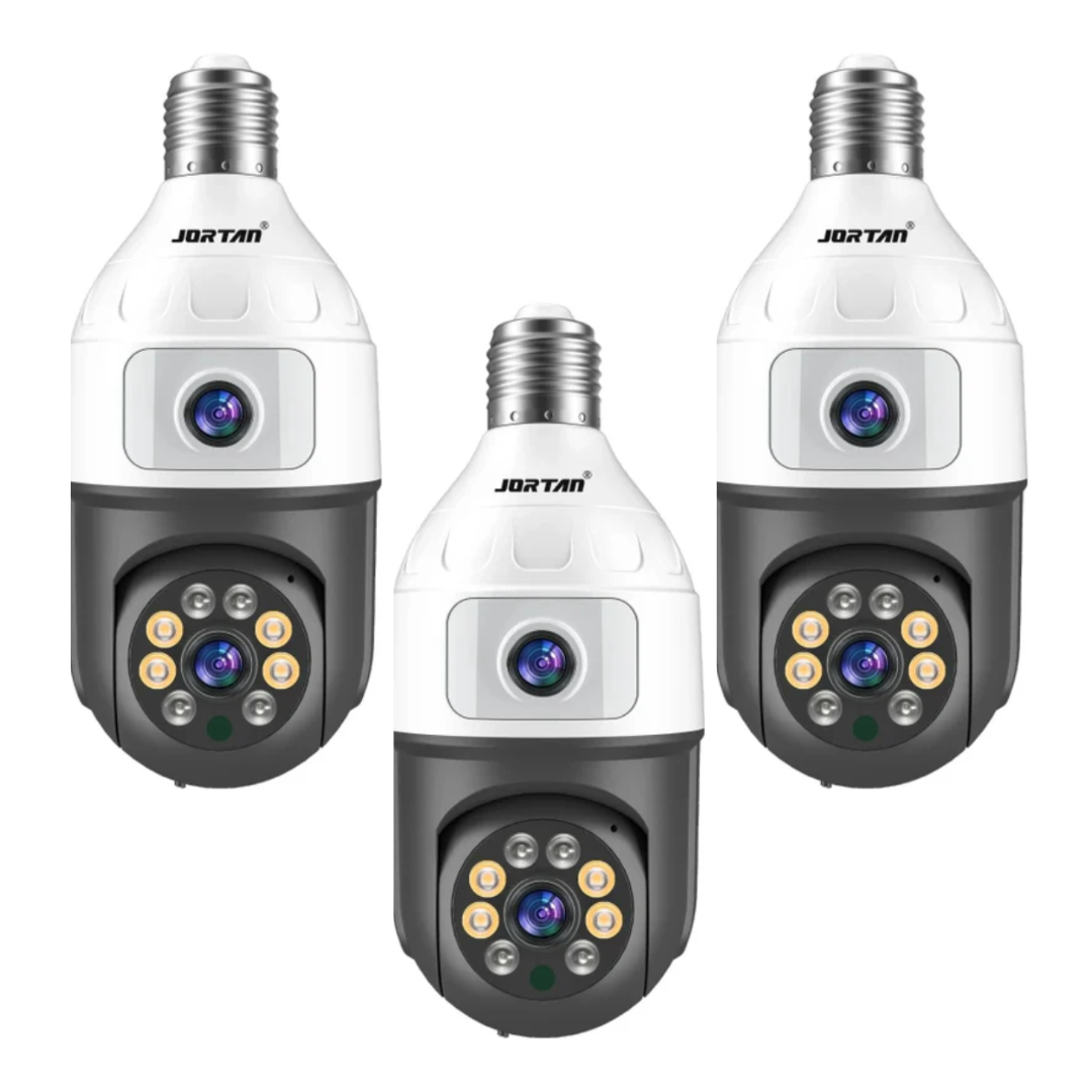 Set 3 Camere bec Jortan E27, Vedere Duala, 4MP, PTZ 360°, Senzor Miscare, Wi-Fi 2.4GHz