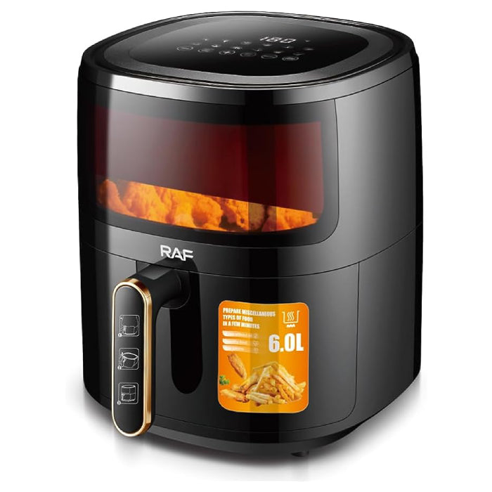 Friteuza Air Fryer RAF, 6L, Aer Cald Fara Ulei, 1500W, Touch Screen Digital, Negru, Sticla Transparenta