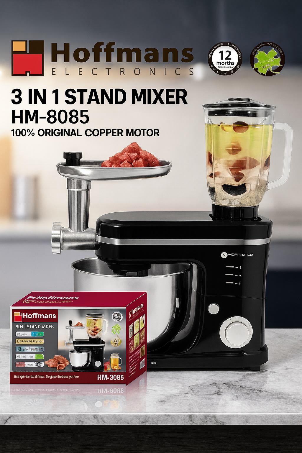 Robot de Bucatarie 3 In 1 Hoffmans, 1600W, Bol Inox 8L, Blender Sticla 2L, Masina de Tocat Carne