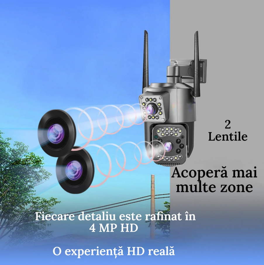 SET 2X Camere 4G Dual Lens, Detectare Miscare cu Senzor Inteligent, 1080P 4+4MP, Zoom 10X, IP66, PTZ 360°