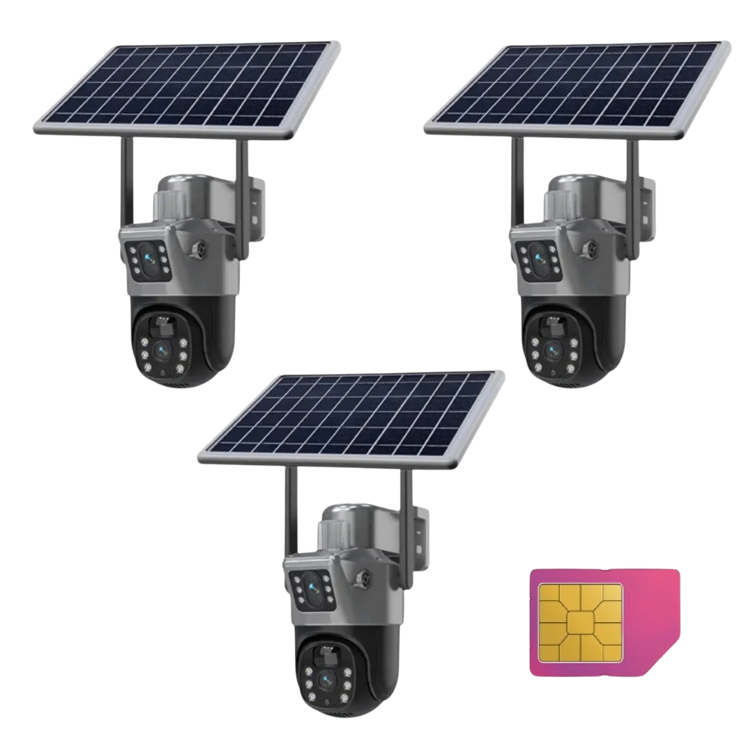 Set 3x Camere Duale cu SIM 4G, Rezolutie 6MP cu Panou Solar, Viziune Nocturna, IP66