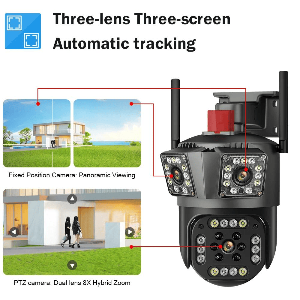 Camera Tripla Wireless 6K 12MP, Zoom Digital 8X, AI Motion Detection, Night Vision, PTZ 355°/90°, IP66