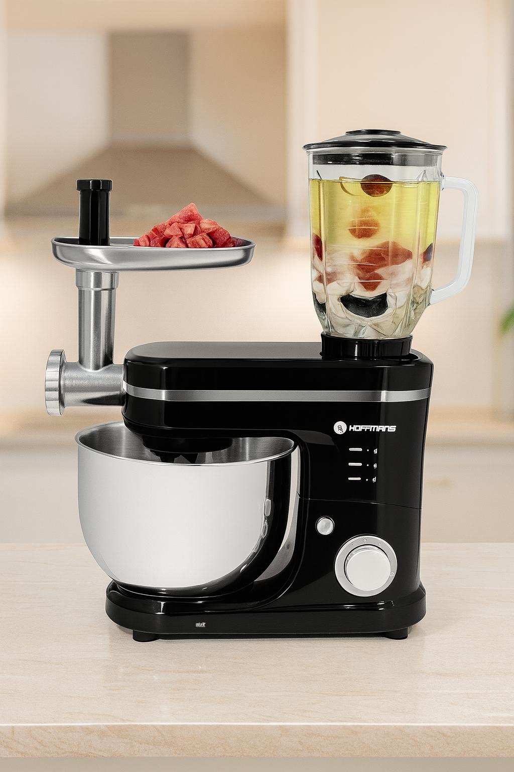 Robot de Bucatarie 3 In 1 Hoffmans, 1600W, Bol Inox 8L, Blender Sticla 2L, Masina de Tocat Carne