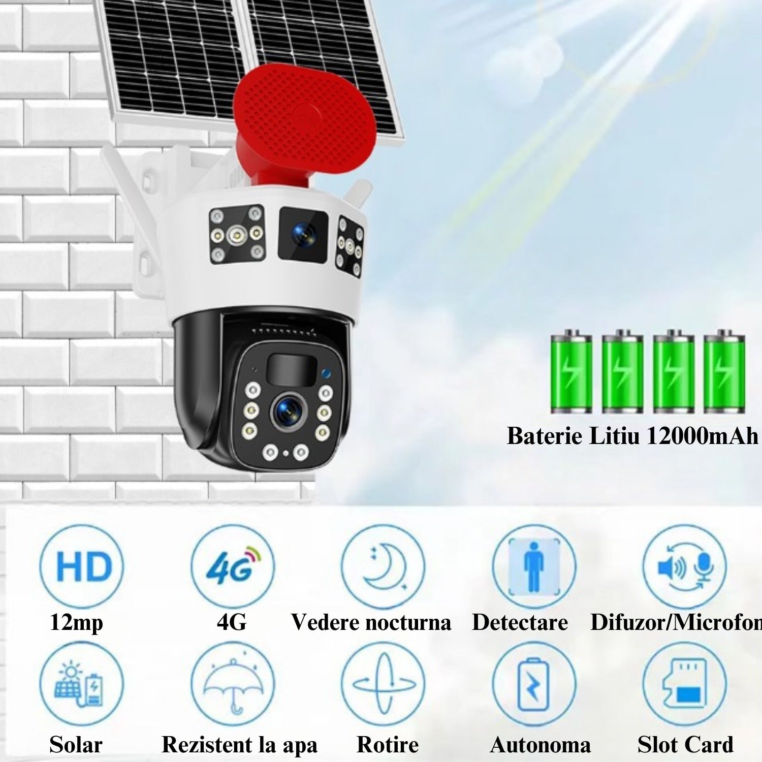 Camera de Supraveghere Tripla 4G - 12MP, cu Panou Solar Dublu, Baterie 12000mAh, Rotire 350°/90°