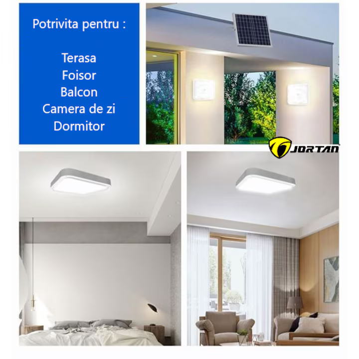 Lampa Solara Jortan LED cu Telecomanda, 60W tip Plafoniera – Alb Rece/Cald, Panou Solar 20x24cm, IP44