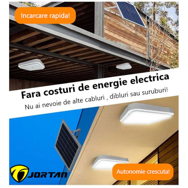 Lampa LED Tip Aplica Solara Jortan, 300W cu Telecomanda – Alb Rece/Cald, Panou Solar 35x35cm, IP44