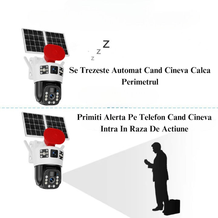 Set 3x Camere Solare 4G - 3 Lentile 12MP, cu Panou Dublu, Baterie 12000mAh, Conexiune 4G, Rotire 350°/90°, Viziune Nocturna, Senzor Miscare