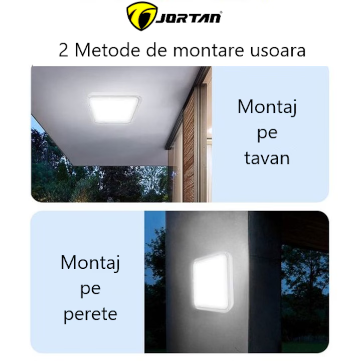 Lampa LED Tip Aplica Solara Jortan, 300W cu Telecomanda – Alb Rece/Cald, Panou Solar 35x35cm, IP44