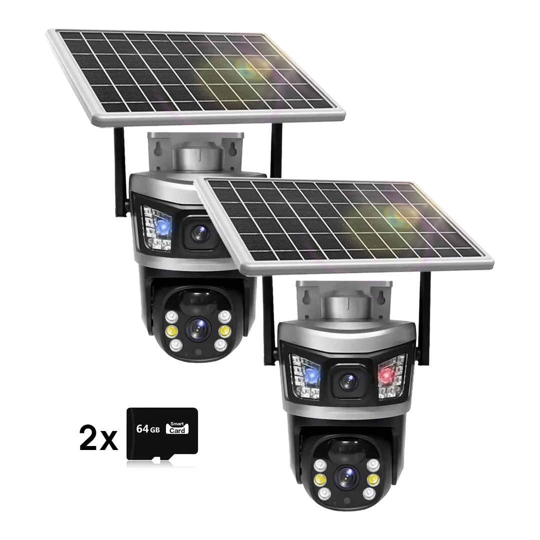 Set 2x Camera de Supraveghere 4G cu incarcare Solara, 6MP, 2 Lentile si Senzor de Miscare, 2x Card 64GB Incluse