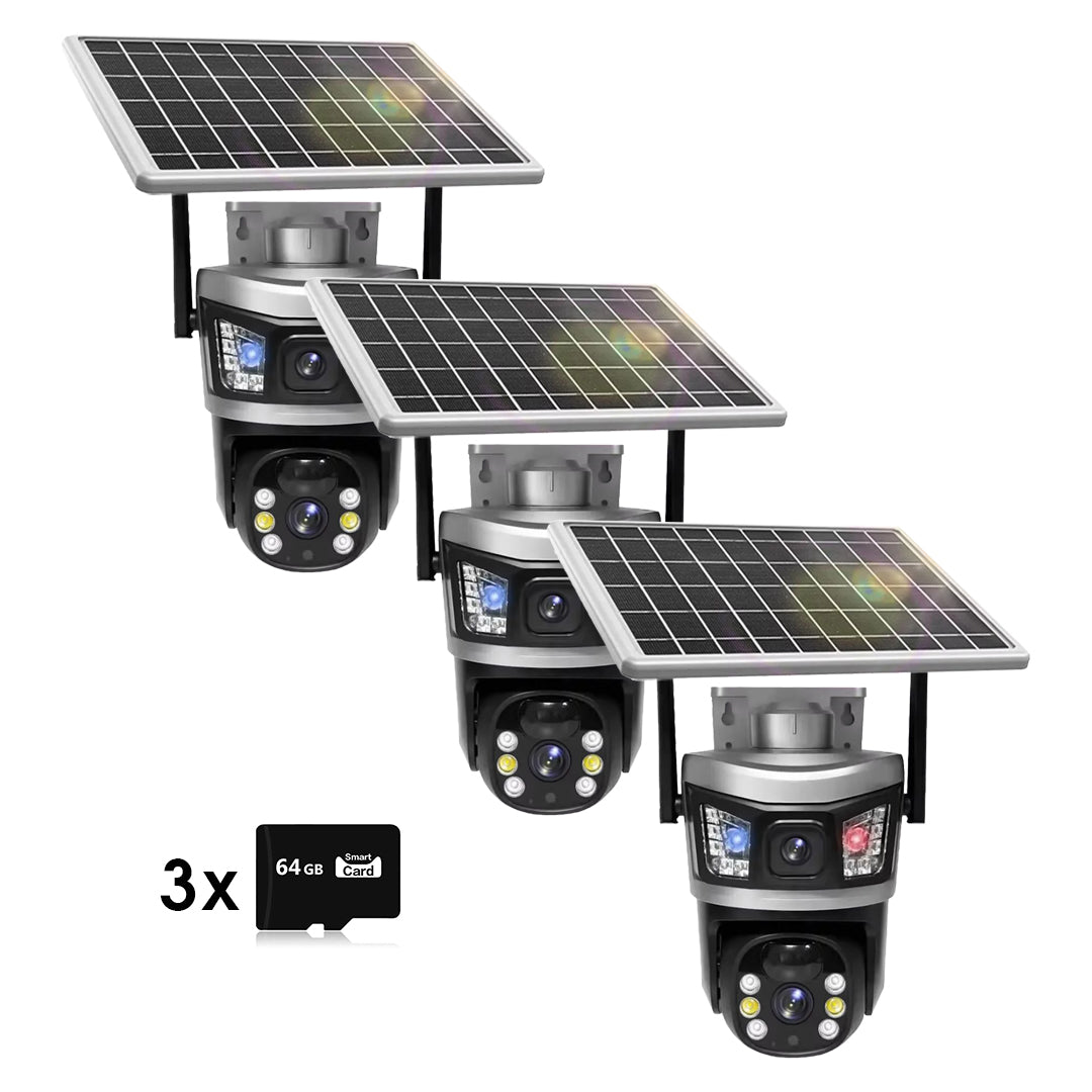 Set 3x Camere Solare de Supraveghere 4G, 6MP, 2 Lentile si Senzor de Miscare, 3x Card 64GB Incluse