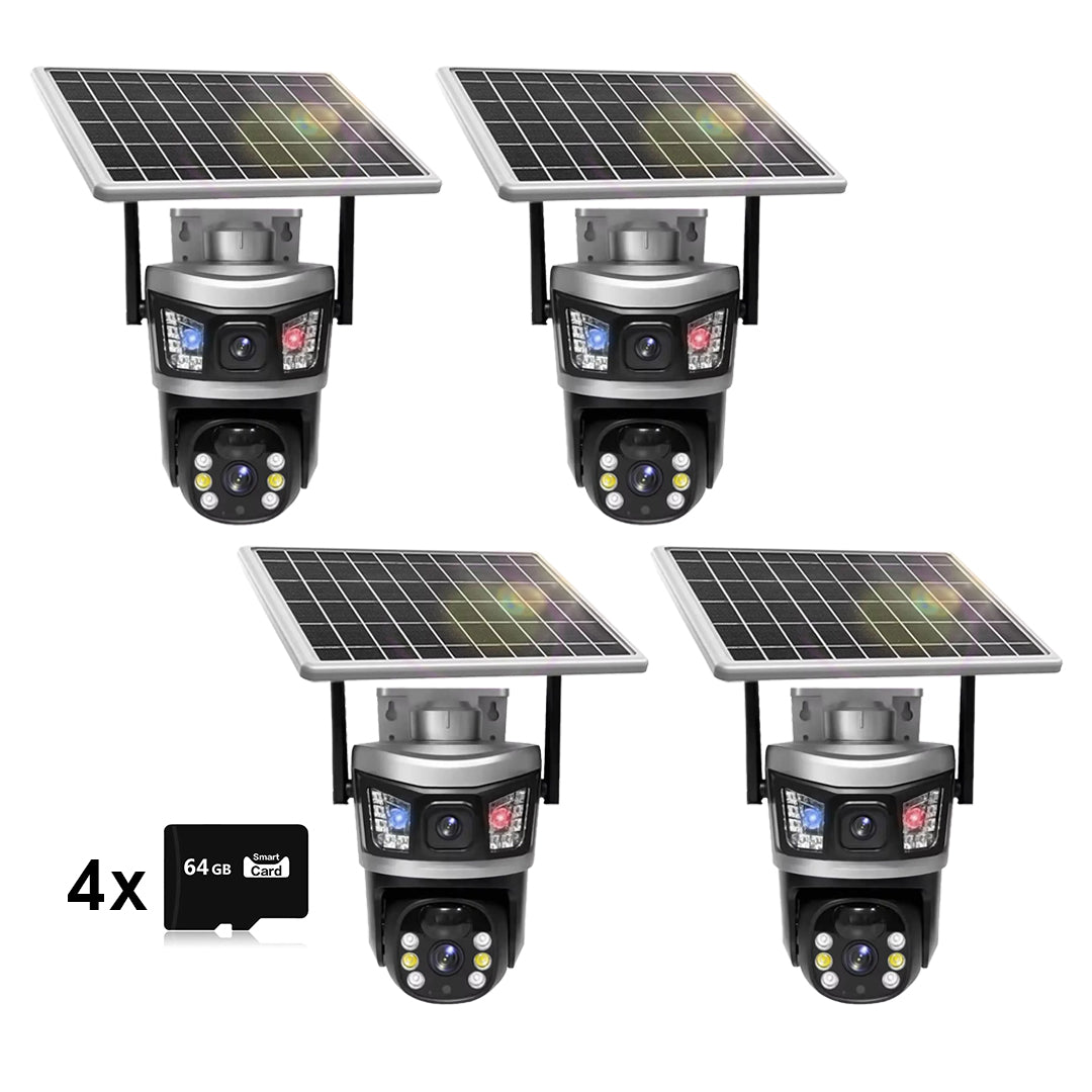 Set 4x Camere de Supraveghere Solare - 4G , 6MP, 2 Lentile si Senzor de Miscare, 4x Card 64GB Incluse