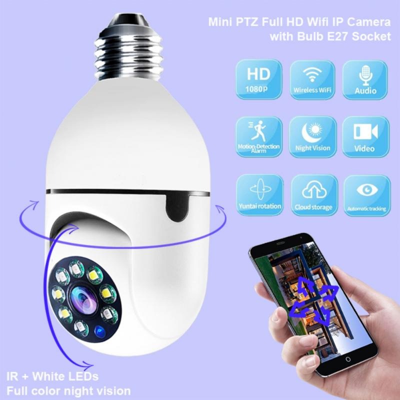 Camera IP HD Smart-Bulb cu Senzor PIR 90 De grade, Slot Card SD, Rotație 355°, Viziune Nocturna, Aplicatie Mobila
