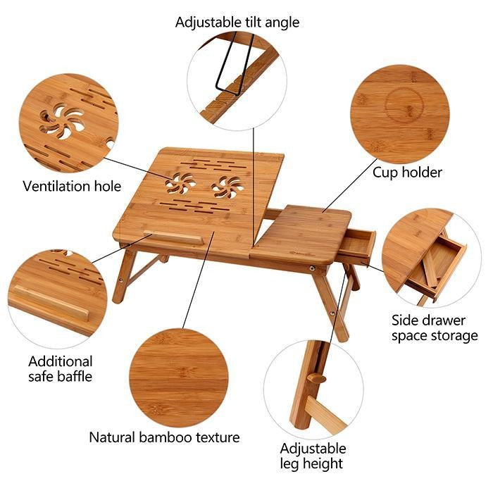 Masa Pliabila de Bambus, pentru laptop, design Ergonomic, Ajustabila si Multifunctionala, Dimensiuni 50x30x4.5CM