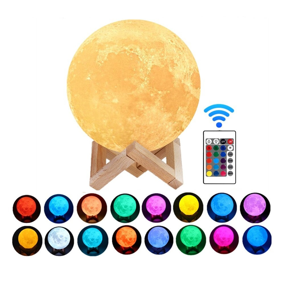 Lampa LUNA 3D Multifunctionala: 16 Culori RGB, Control Tactil, Stativ Lemnos - 15cm